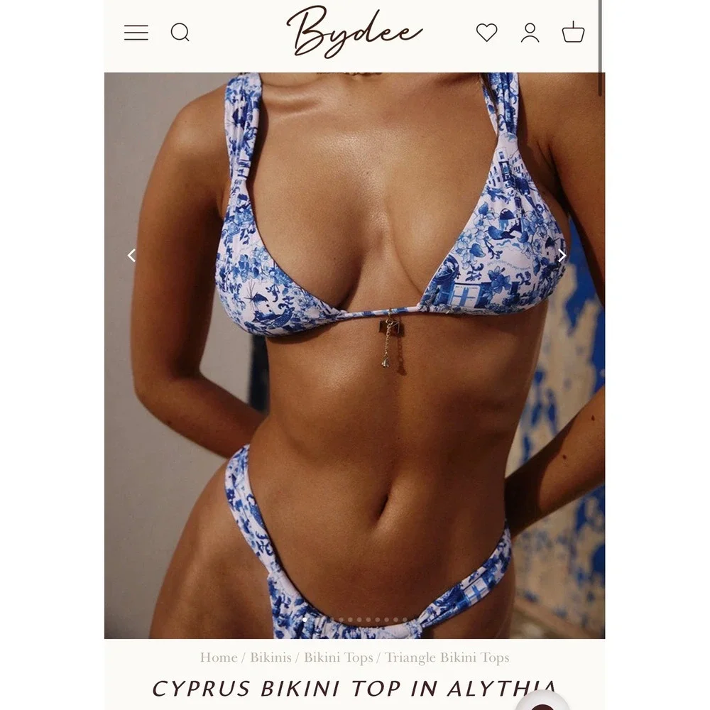 Bydee Cyprus Bikini Top Alythia Blue White Toile Landscape Gold Charms Small